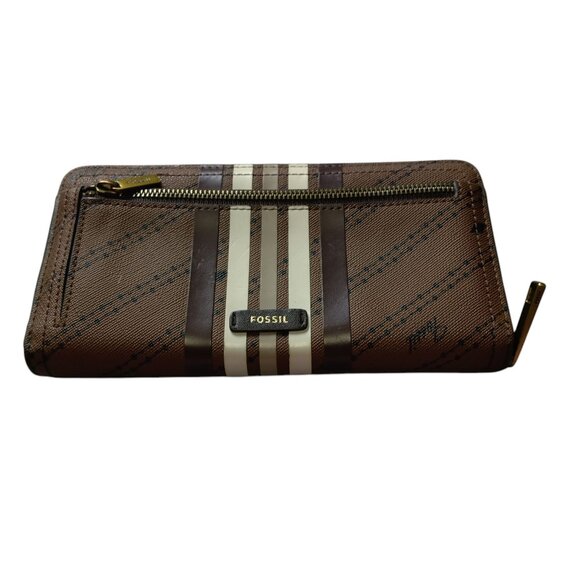 Fossil Handbags - Fossil Logan Women's Brown Striped Zip Around Wallet Clutch Logo Classic